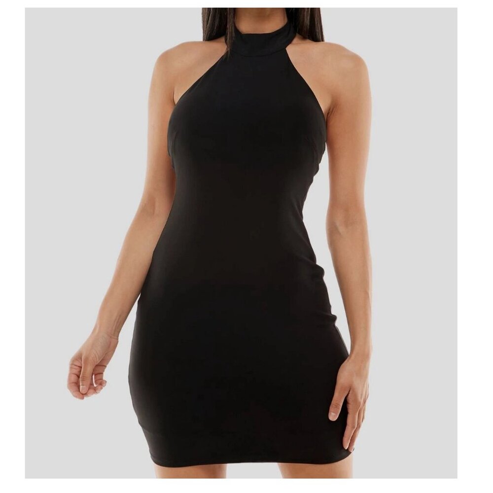 B. Darlin Juniors Halter Open Back Bodycon Mini Dress, Black, XS